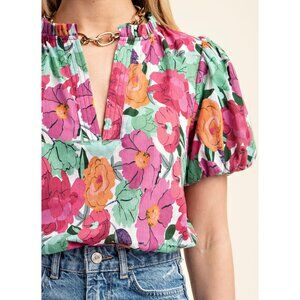 Gigio Puff Sleeve Floral Split Neck Blouse - Small